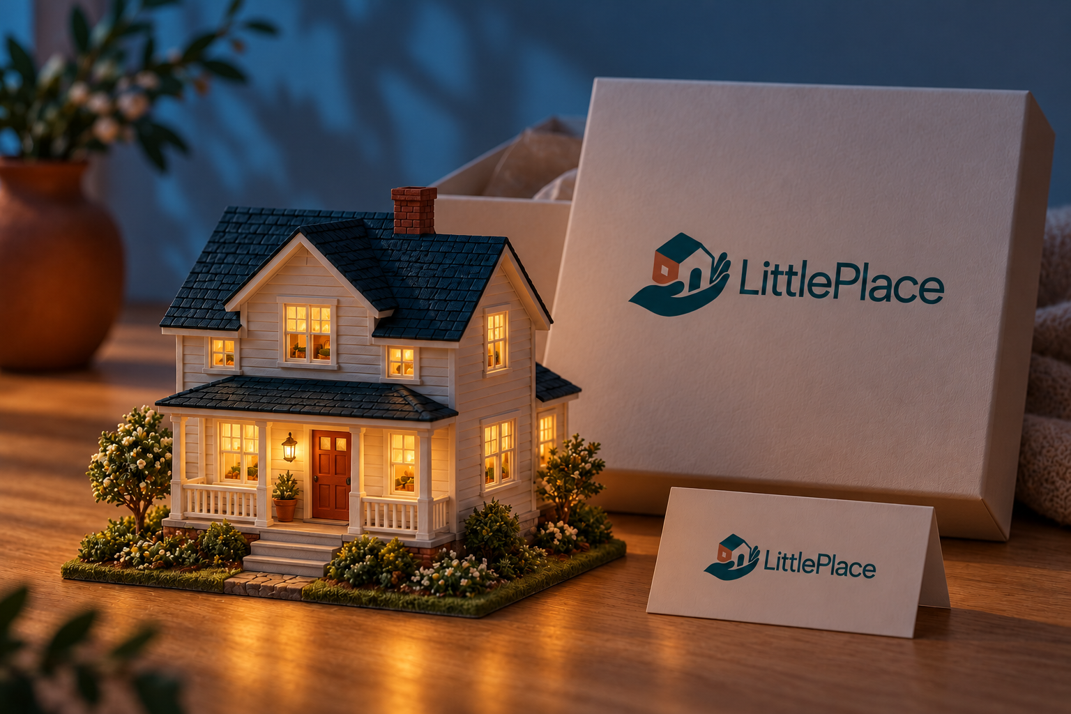 The same fictional cottage and packaging in evening light, with warm windows.